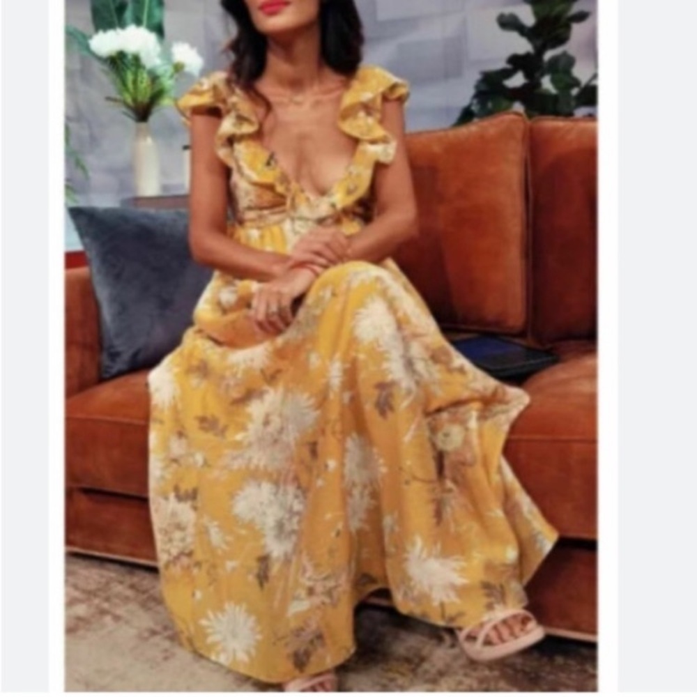 H&M Yellow Floral Ruffle Plunge Open Back Lyocell Midi Dress - Picture 12 of 15